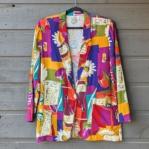VTG 80s Tofy Colorful Lightweight Blazer Daisies Wine Tulips Size 12